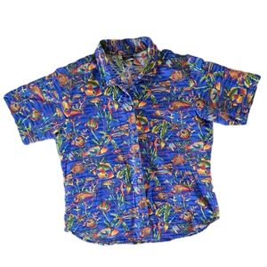 Toucan Dance blue button down colorful fish shirt , Large